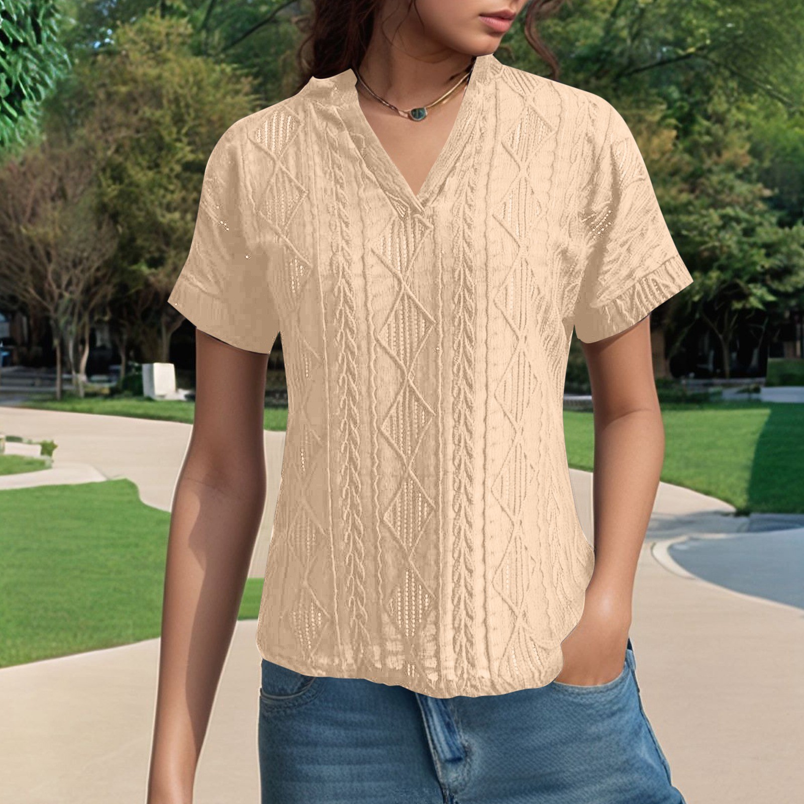 thumbnail image 2 of Camisa de punto jacquard holgada con cuello en V para mujer: manga corta, detalle de cordones, informal de verano, fácil de cuidar, 2 of 7